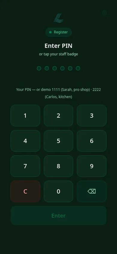 ClubCore mobile register PIN screen — enter your staff PIN or tap your staff badge.